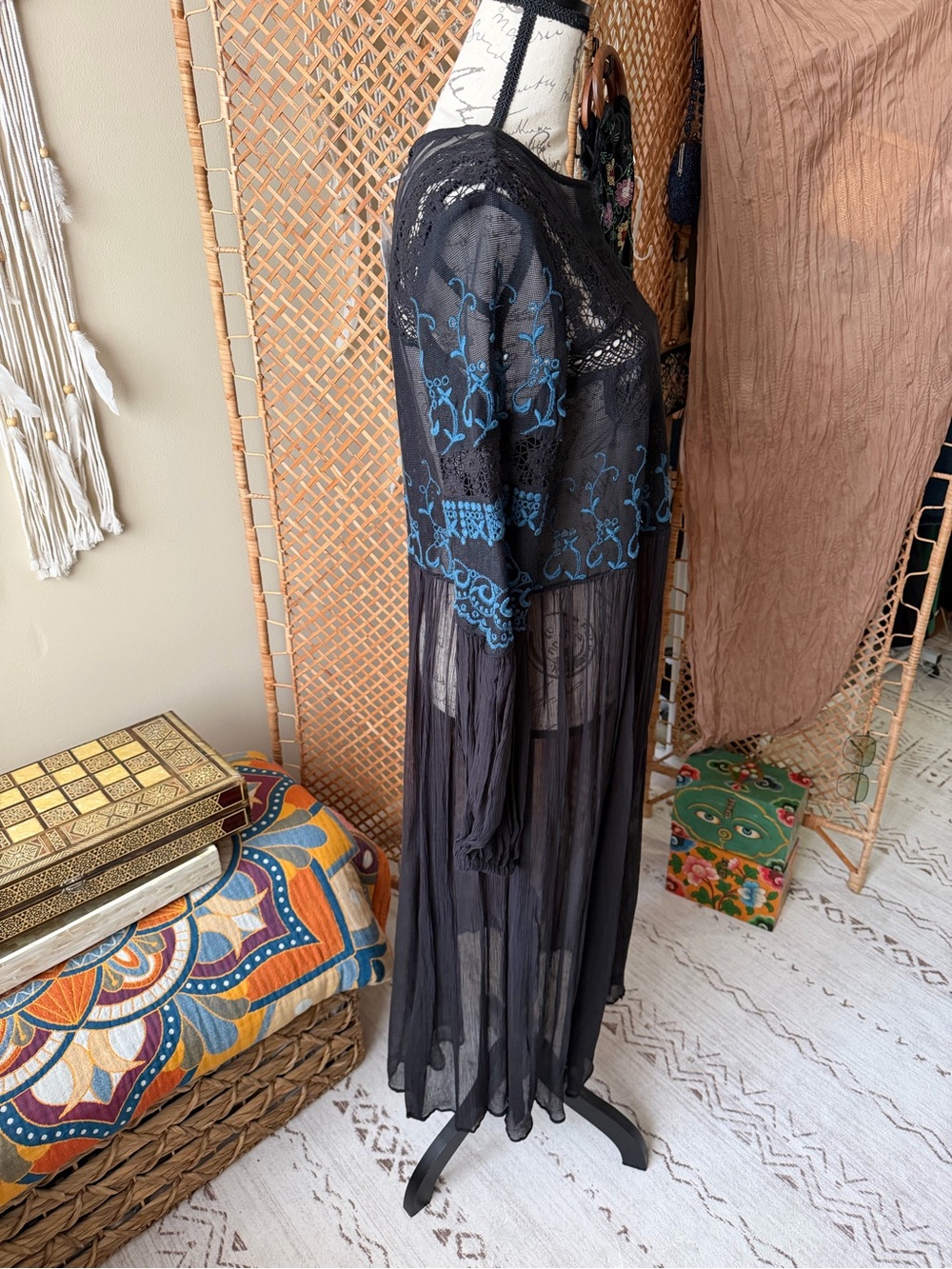Free People Long Black Tunic Sweet Sunny Days Embroidered Top - Picture 9 of 16